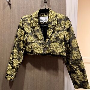 GANNI Cropped floral-jacquard blazer